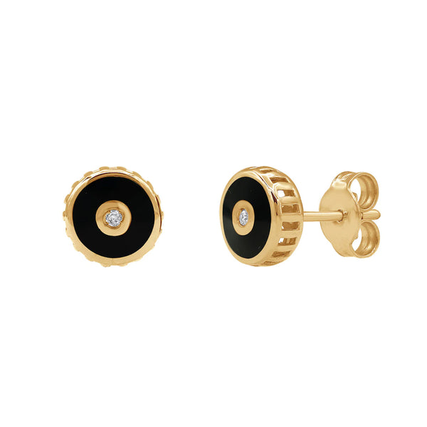 14k gold onyx enamel + diamond disc stud earrngs