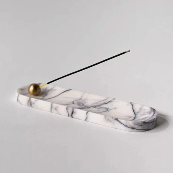 Tarabiza Long White Marble & Brass Incense Holder