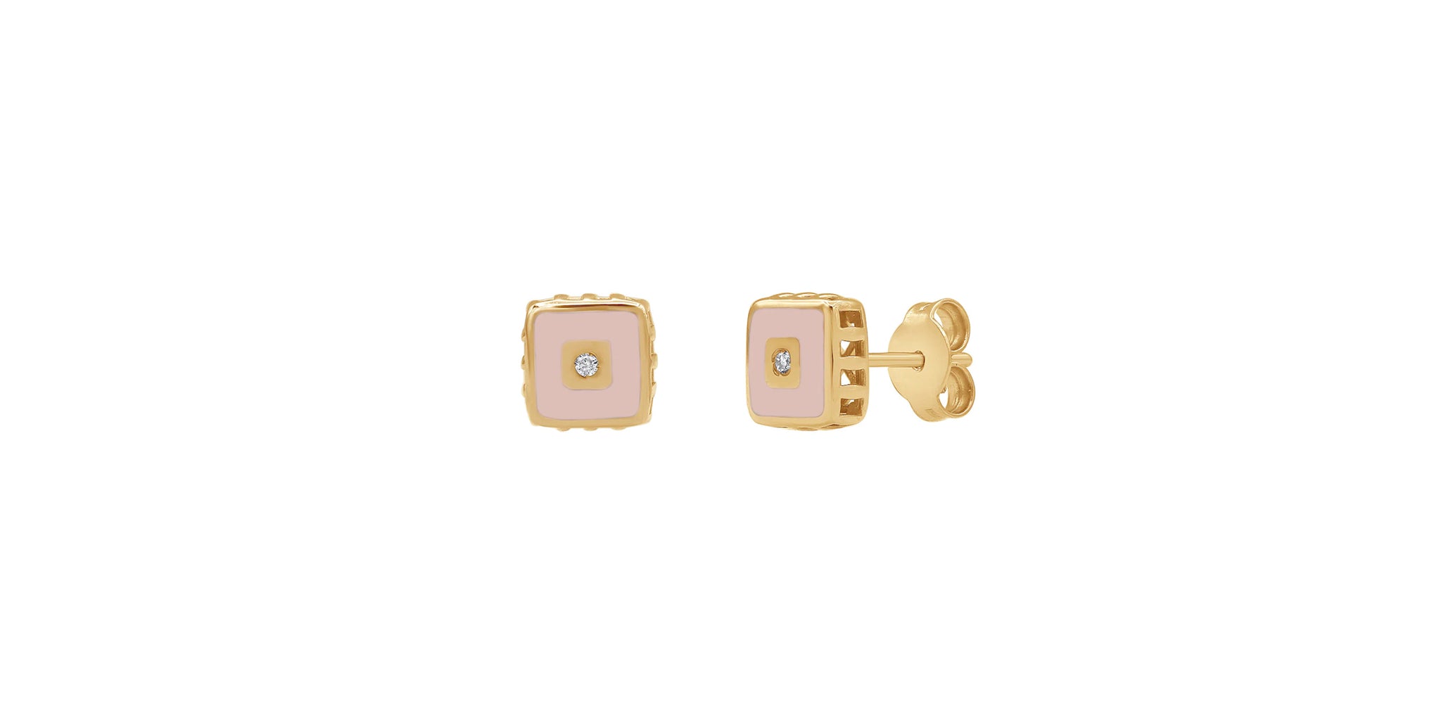 14k gold soft pink enamel + diamond disc stud earrngs