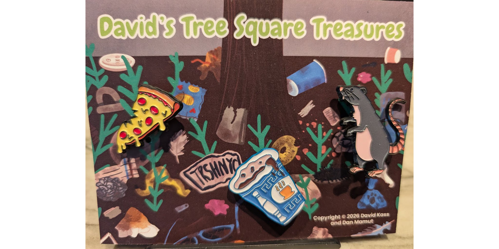 David's tree Square Treasure Pins - Rat, Pizza + Coffee Cup